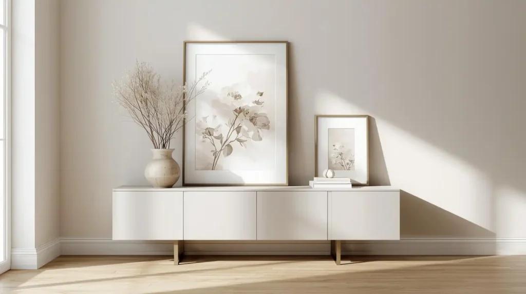 Minimalist white sideboard with botanical floral wall art and a dried flower vase, perfect for modern living room decorating ideas.
