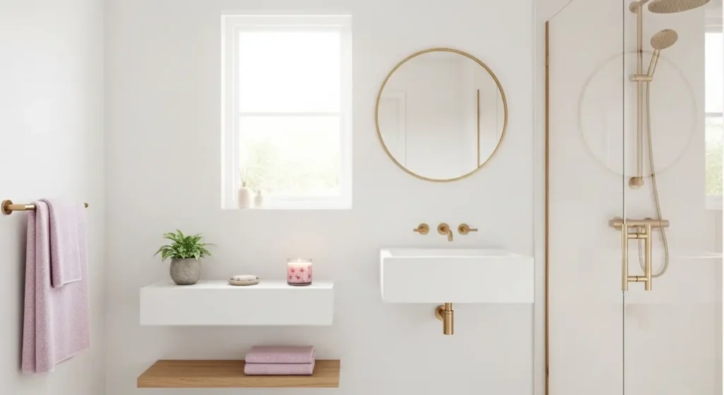 Bright modern bathroom with lavender towels, gold fixtures, and a round mirror, illustrating fresh spring bathroom decor ideas