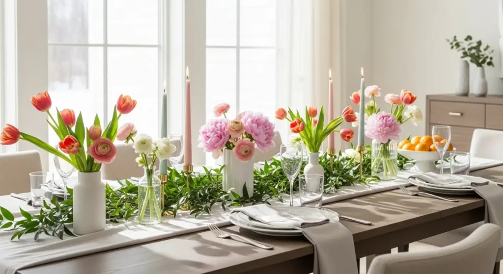 Modern spring table decor with pink peonies, orange tulips, and a citrus fruit bowl on a long wooden dining table.