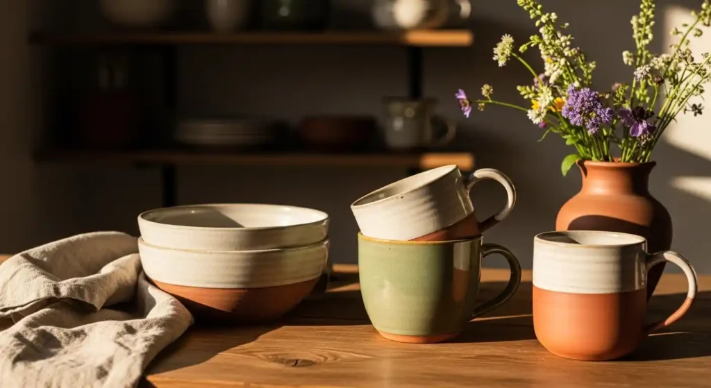 Two-toned ceramic bowls and mugs with a terracotta floral vase, showcasing earthy spring home accents for a rustic kitchen