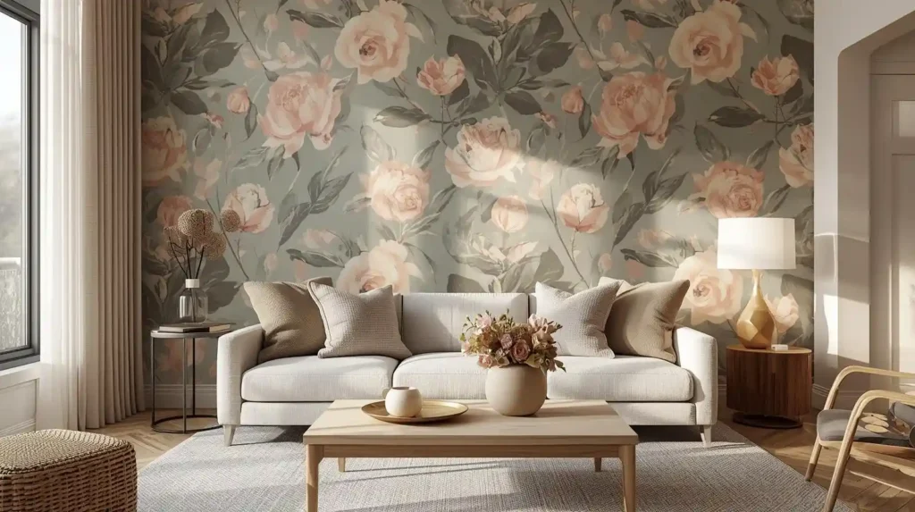 Elegant living room with a large rose-patterned floral wallpaper and cream sofa, showcasing spring home decor trends