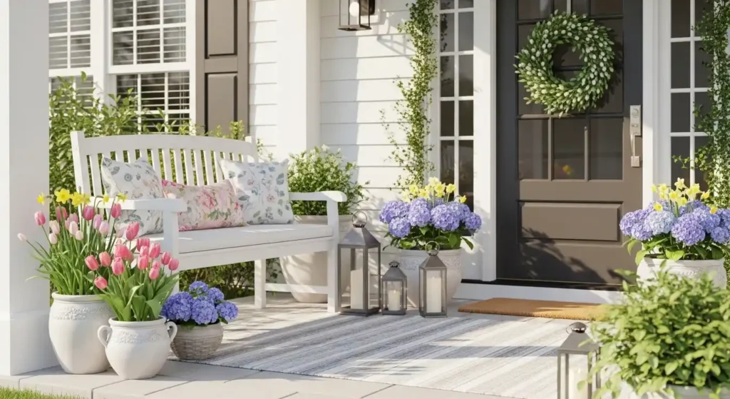 Bright front porch featuring a white bench with floral pillows, tulip planters, and a spring wreath, illustrating spring front porch decor ideas