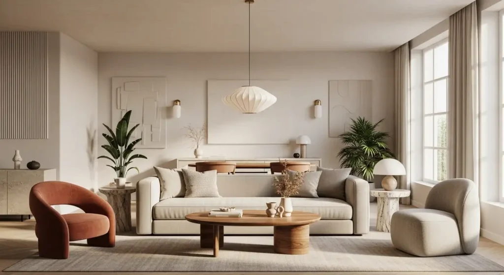A modern living room showcasing spring home decor trends 2026 with soft minimalism, curved furniture, and nature-inspired elements. The space features a cream sofa, a terracotta curved armchair, a wooden coffee table, and a sculptural pendant light, accented by lush indoor plants and warm natural light