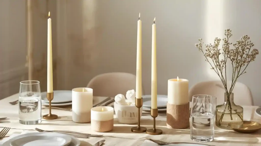 Warm dining setup with cream taper candles and minimalist pillar holders, illustrating seasonal table setting inspiration for spring