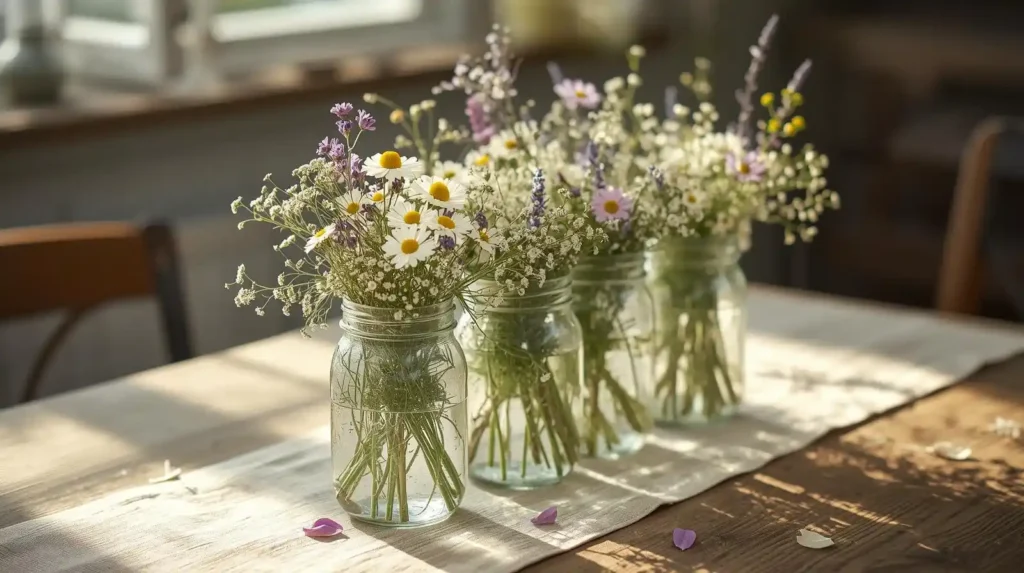Four glass mason jars filled with fresh wildflowers on a linen runner, illustrating natural wood elements for spring dining