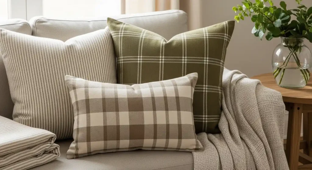 Olive green and beige plaid pillows with a linen throw on a sofa, illustrating earthy spring home accents for a cozy lounge