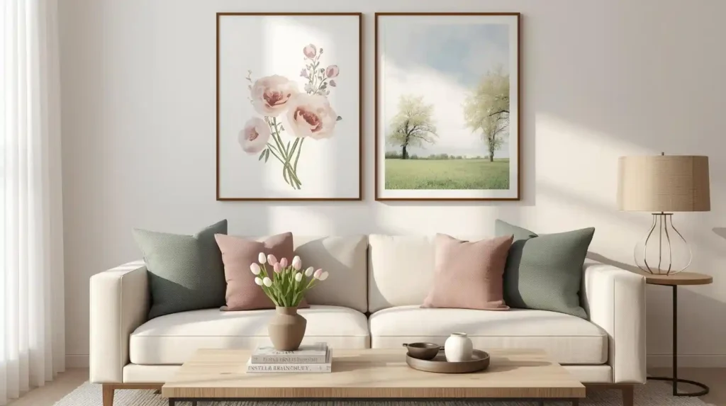 Cream sofa with sage and dusty rose pillows below floral and landscape wall art, showcasing spring living room decor ideas