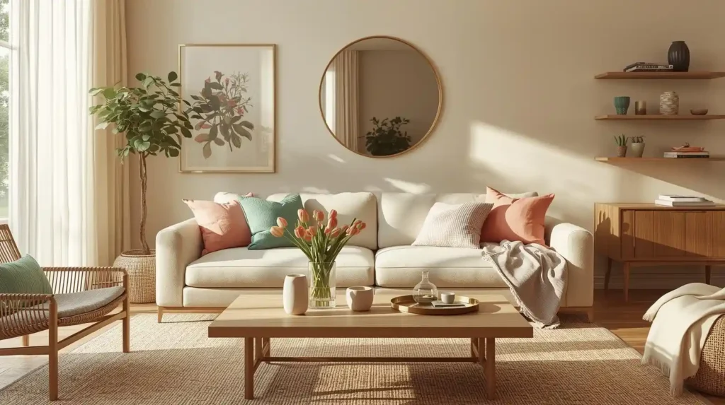 Modern cream sofa with pastel pillows and tulips, showcasing fresh spring living room decor ideas in a bright space.