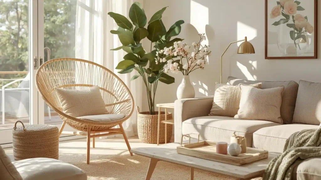 Sun-drenched living room with a round rattan chair, large indoor plant, and cream sofa, showcasing fresh spring colors and greenery