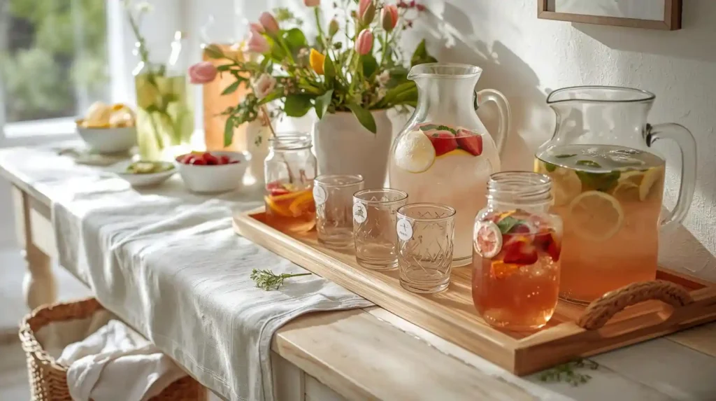 Wooden tray with fruit-infused water pitchers and mason jars on a sunlit buffet table, illustrating spring table decor ideas for hosting