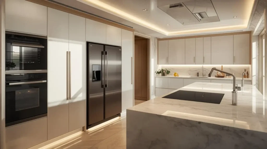 Modern luxury kitchen with a white marble waterfall island and integrated appliances, illustrating a modern kitchen refresh for spring