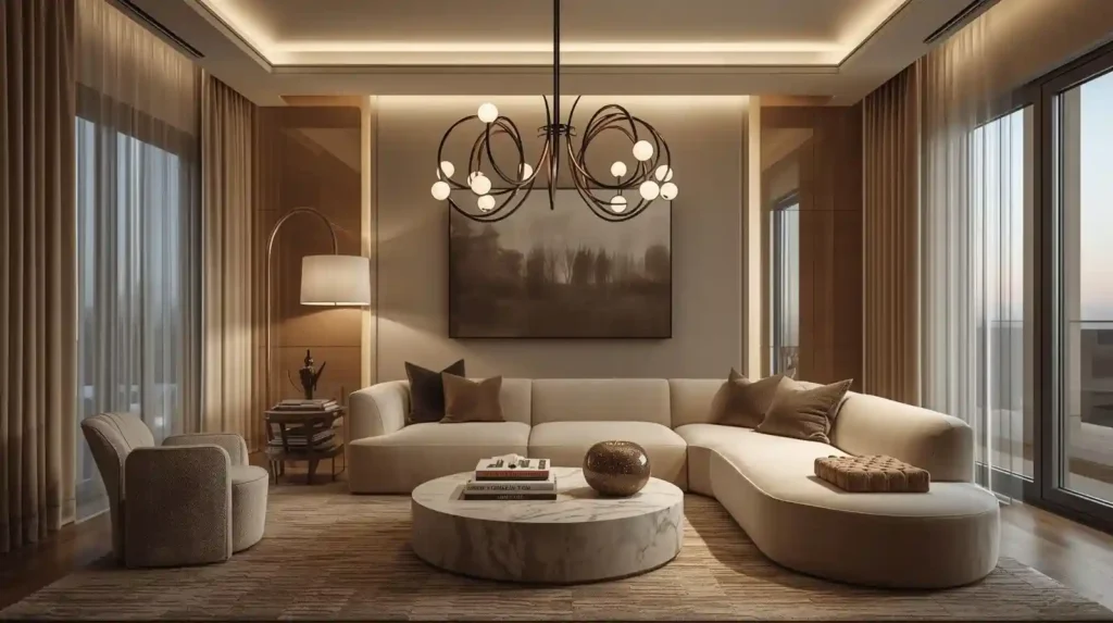 Luxury lounge with a large modern orb chandelier and marble coffee table, showcasing trendy living room decor ideas with statement lighting