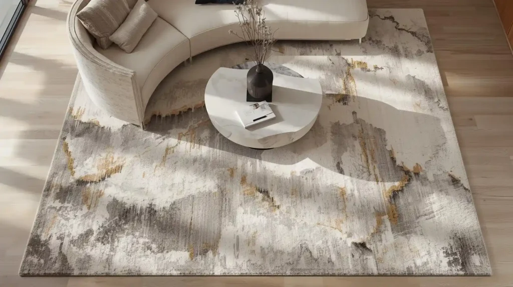 Top view of a large abstract area rug with gold and grey marble patterns, illustrating sophisticated room makeover items that ground a space.