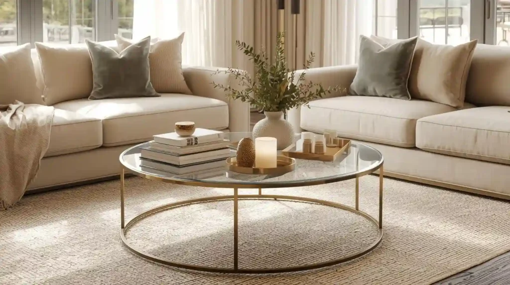 Round glass coffee table with a gold frame and centered candles, demonstrating living room transformation ideas on a budget