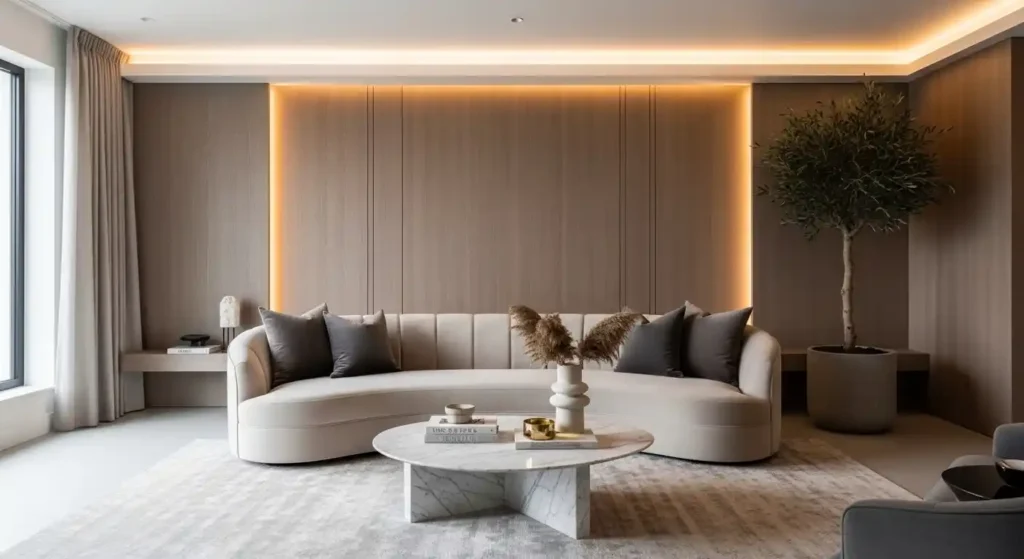 Modern lounge with a curved beige sofa and backlit wood paneling, illustrating natural wood elements for spring with a warm glow