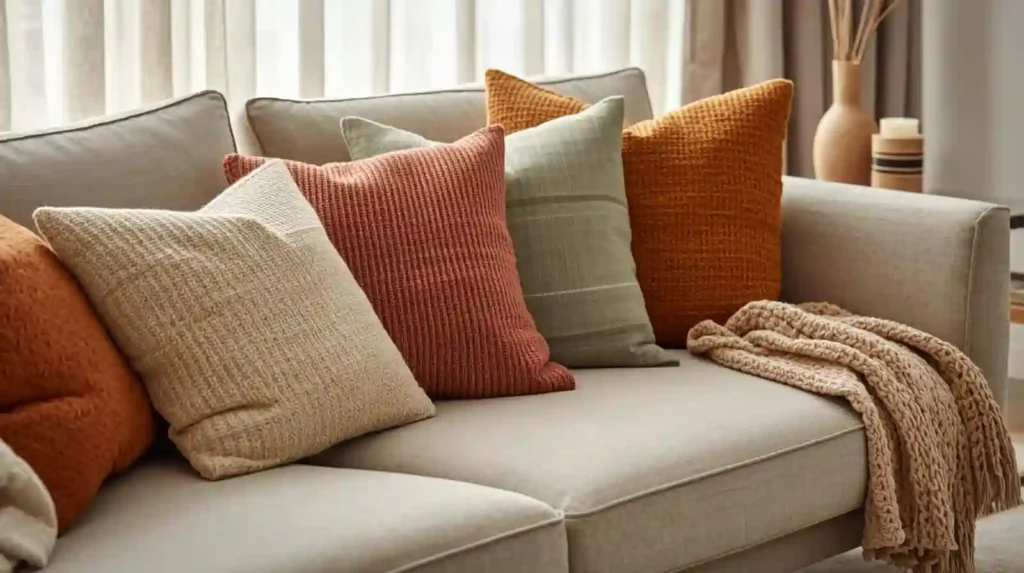 Textured earthy-toned throw pillows and a knit blanket on a beige sofa, illustrating affordable living room updates through cozy accessories