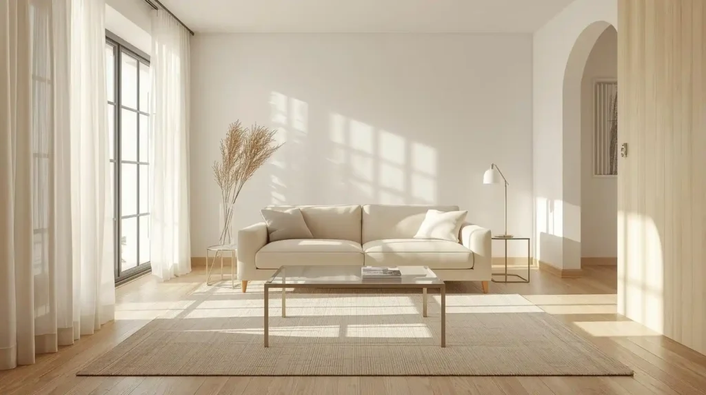 Sun-drenched lounge with a glass coffee table and sheer curtains, showing how to make a small living room look bigger with light materials