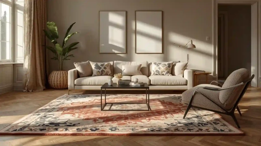 Large patterned area rug anchoring a beige sofa and accent chair, showcasing trendy living room decor ideas to define a space