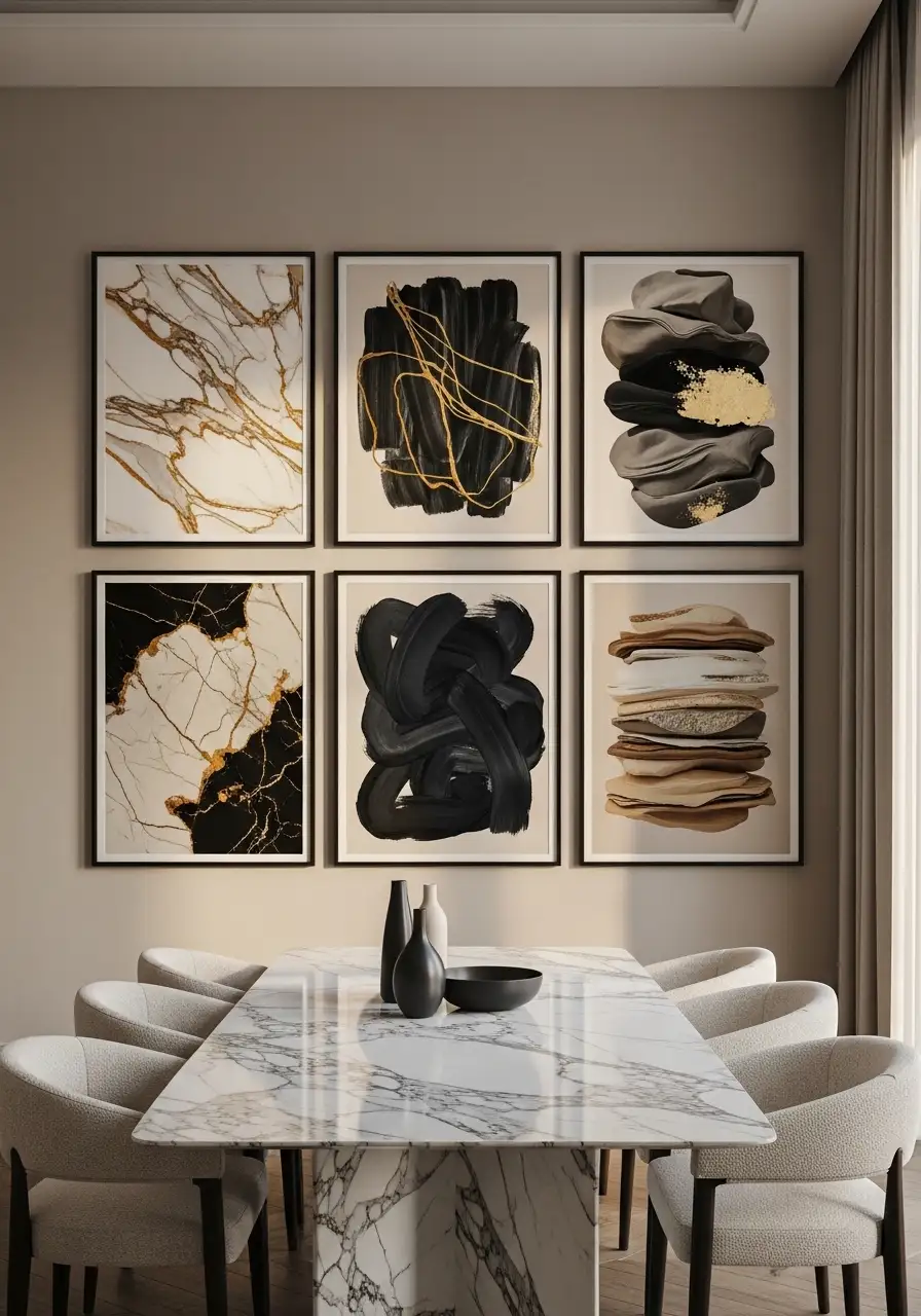 A modern dining room featuring a symmetrical gallery wall with six large framed abstract art pieces in a grid layout. The artwork uses a cohesive color palette of black, gold, and white, perfectly complementing a large white marble dining table and curved cream-colored chairs.
