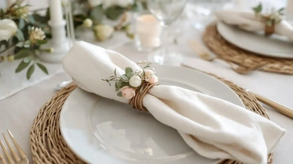 Woven napkin ring with tiny pink roses on a white linen napkin, showcasing vibrant spring tablescape tips for a garden-inspired look