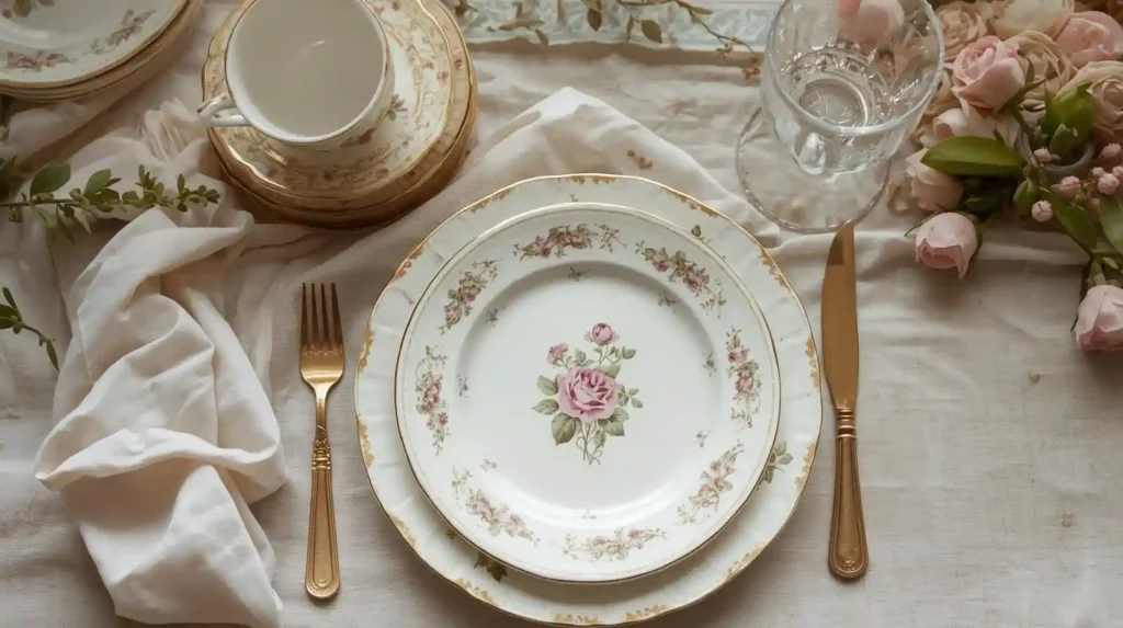 Vintage floral china plates with gold cutlery and pink roses, illustrating seasonal table setting inspiration for a classic spring meal