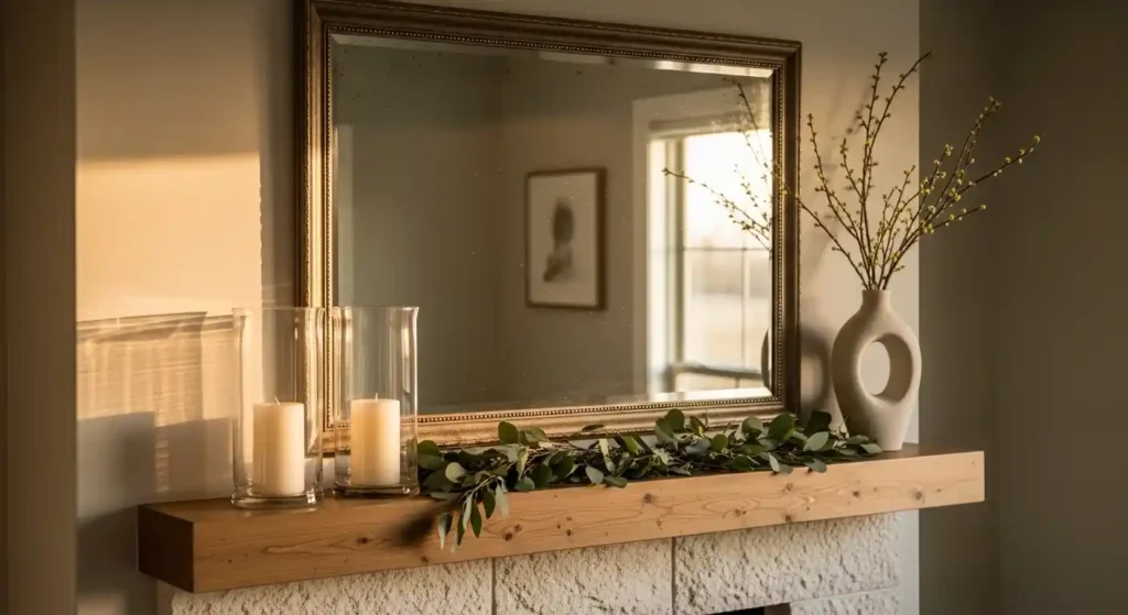 Large gold-framed vintage mirror above a wooden mantel with eucalyptus garland, illustrating rustic spring decor ideas