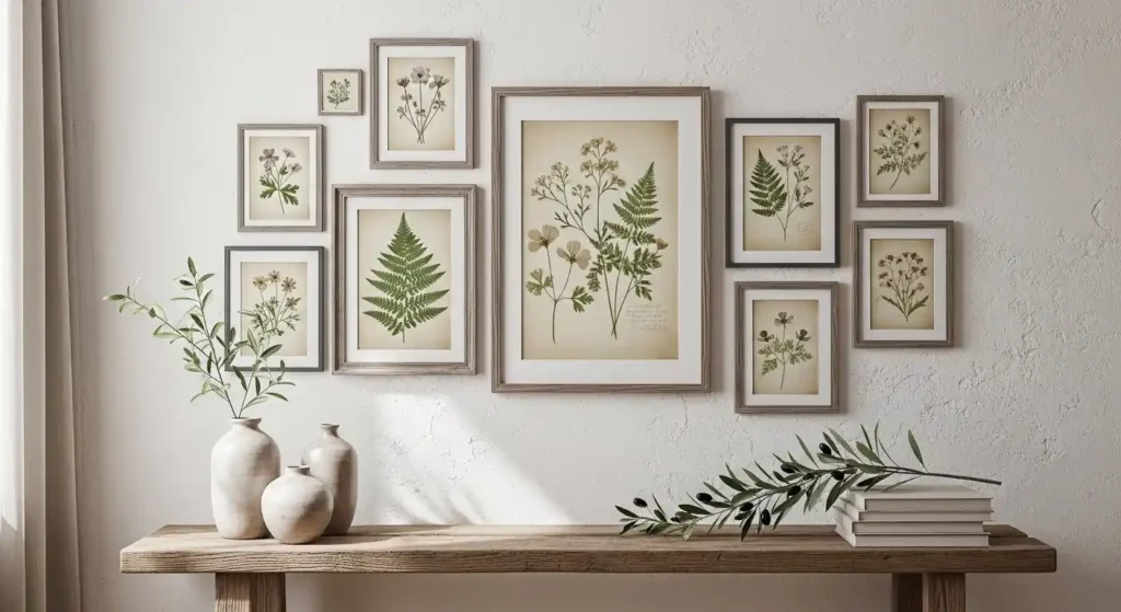 Gallery wall of framed botanical prints above a rustic wooden bench, showcasing rustic spring decor ideas for a nature-inspired home