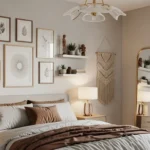 Stunning wall decor ideas for bedroom including a mix of minimalist art frames, textured wall hangings, and functional floating shelves to transform a small space