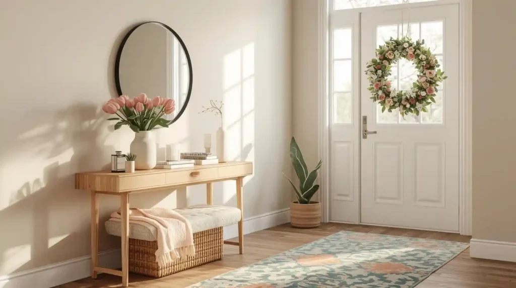 Bright entryway with a floral wreath, wooden console table, and patterned rug, showcasing welcoming spring living room decor ideas.