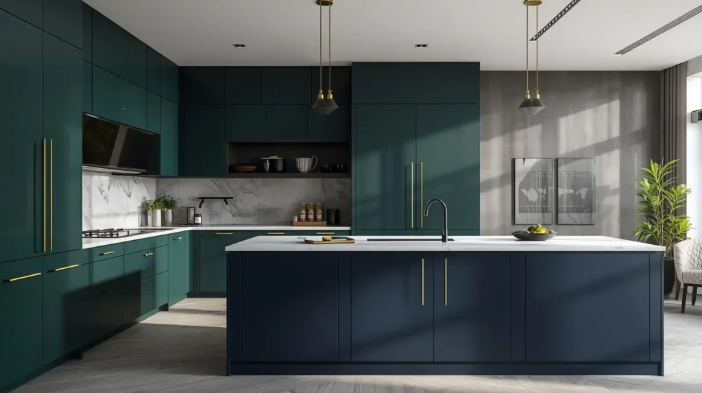Modern emerald green and navy blue kitchen with gold handles and white marble countertops, showcasing fresh spring colors for kitchen