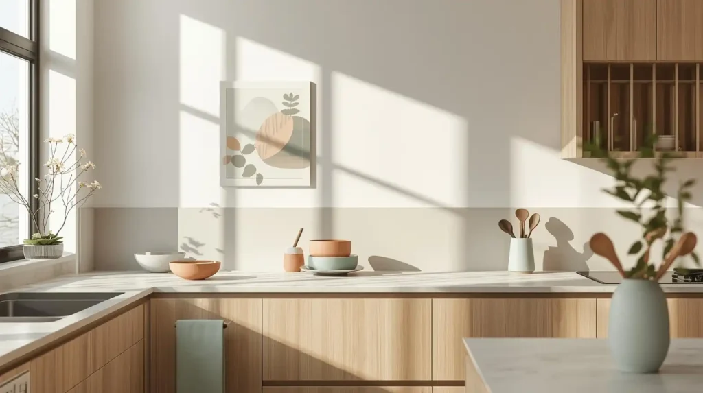 Sunlit minimalist kitchen with a botanical wall art print and wooden cabinets, showcasing contemporary kitchen decor essentials