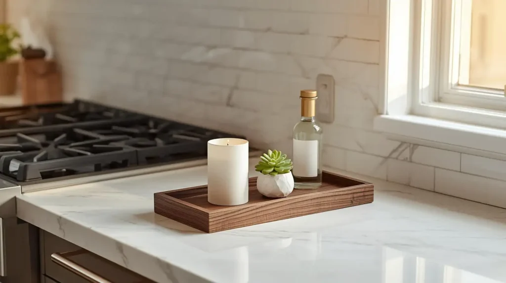 Minimalist wooden tray with a white candle and succulent on a marble countertop, showcasing contemporary kitchen decor essentials
