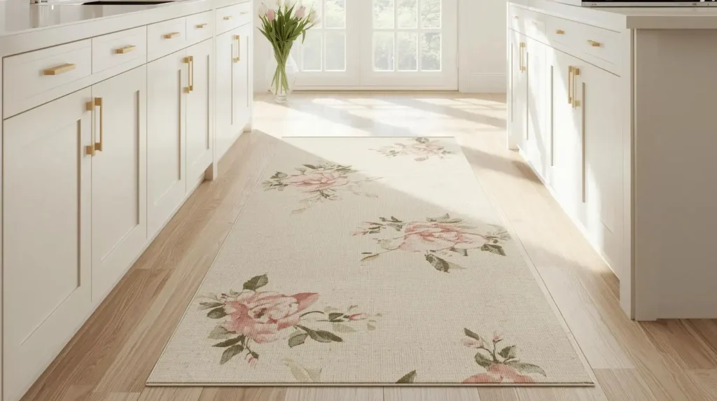 Long cream kitchen runner with pink floral patterns on light wood floors, illustrating seasonal kitchen styling tips for spring