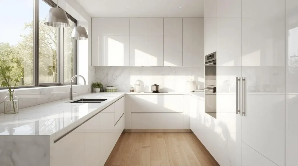 Ultra-modern all-white high-gloss kitchen with marble countertops and waterfall island, illustrating a modern kitchen refresh for spring