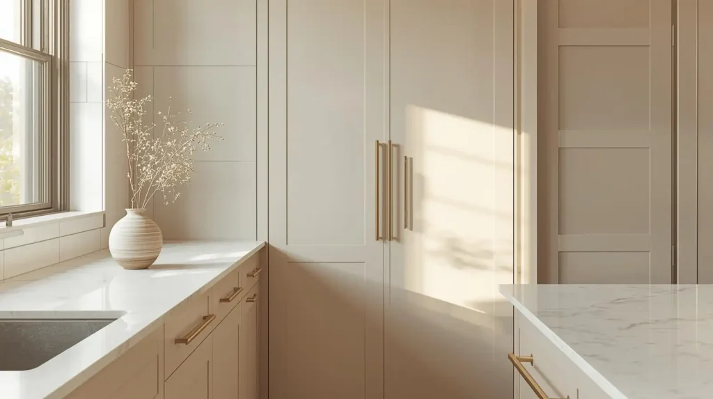 Warm beige Shaker cabinets with long gold handles and marble countertops, showcasing fresh spring colors for kitchen