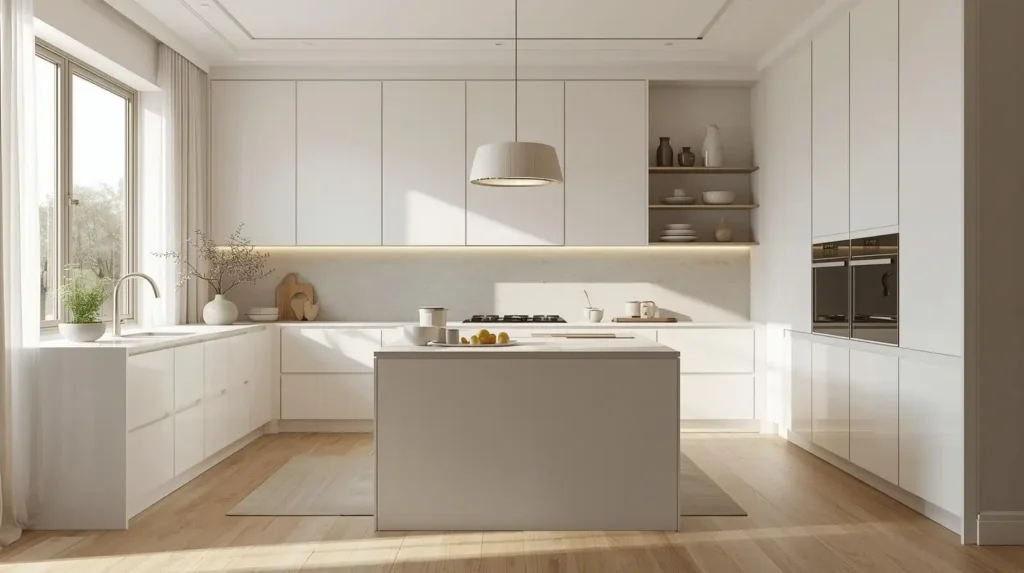 All-white minimalist kitchen with handleless cabinets and light wood floors, showcasing fresh spring colors for kitchen