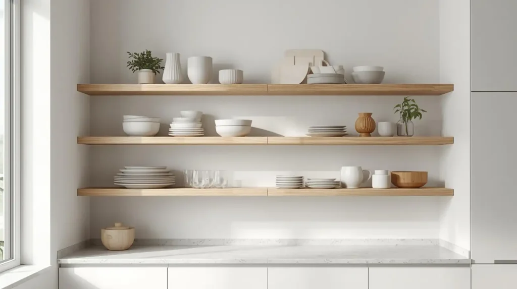 Modern wooden floating shelves with minimalist white dishes and plants, illustrating contemporary kitchen decor essentials