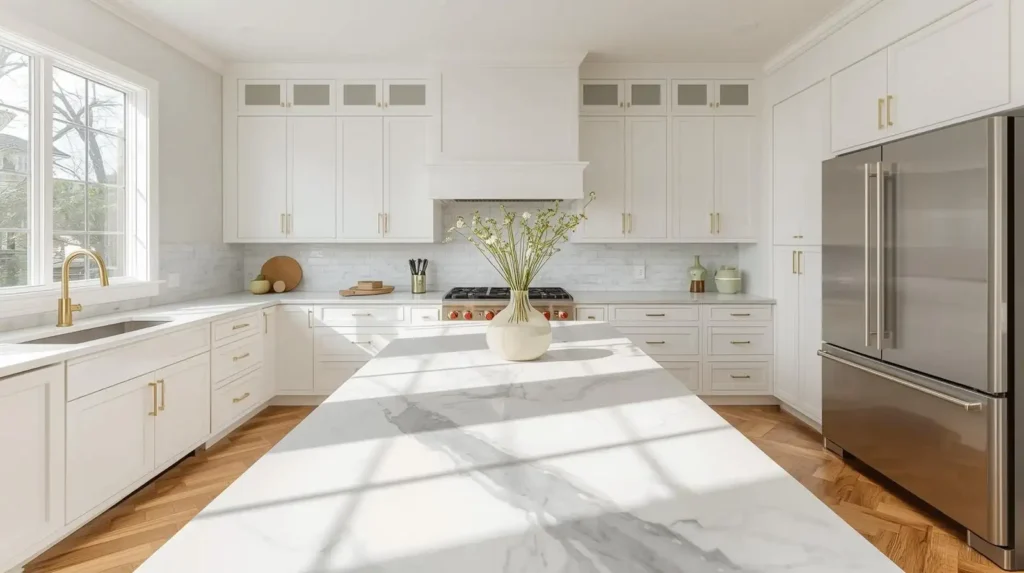 Bright luxury kitchen with a large white marble island and gold faucet, showcasing sleek spring kitchen decor ideas