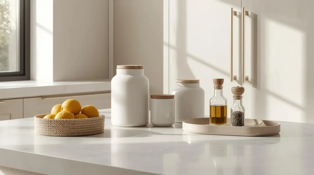 Minimalist white ceramic canisters with wooden lids on a marble countertop, illustrating minimalist kitchen accessories for spring