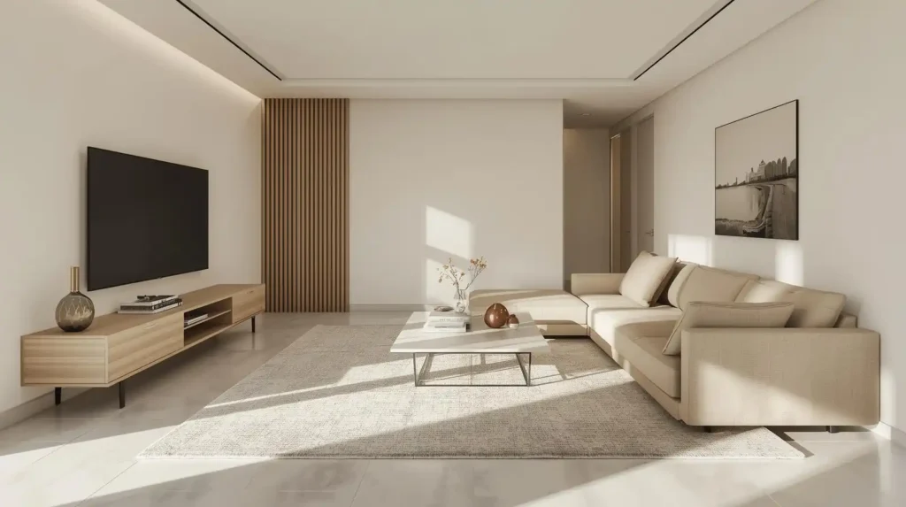Minimalist TV unit and sectional sofa in a sunlit room, showing how to balance furniture scale in the living room around a focal point