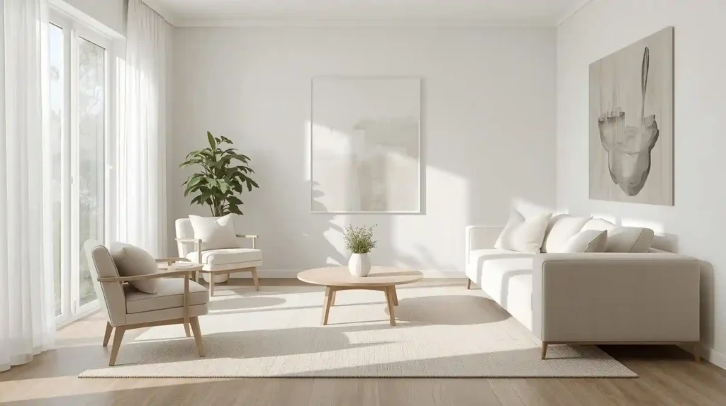 Sunlit minimalist lounge with off-white sofa and wooden coffee table, highlighting modern furniture with clean lines for a trendy look.