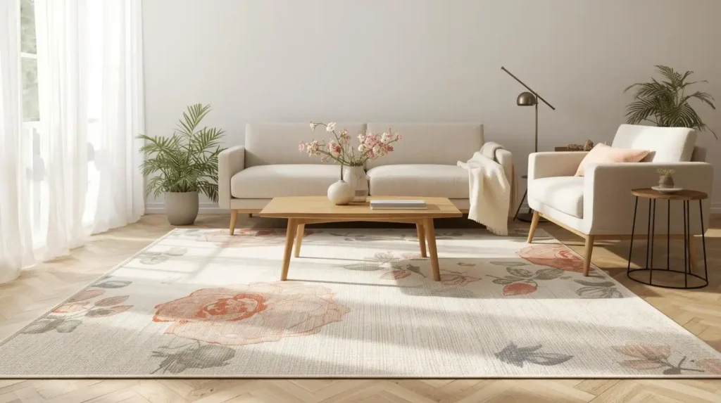 Floral patterned area rug in a bright living room with minimalist furniture, showcasing fresh spring living room decor ideas for a cozy floor setup.