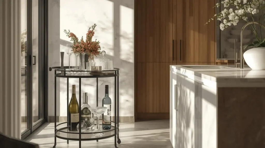 Modern black metal bar cart with glassware and wine bottles in a sun-drenched kitchen, illustrating contemporary kitchen decor essentials