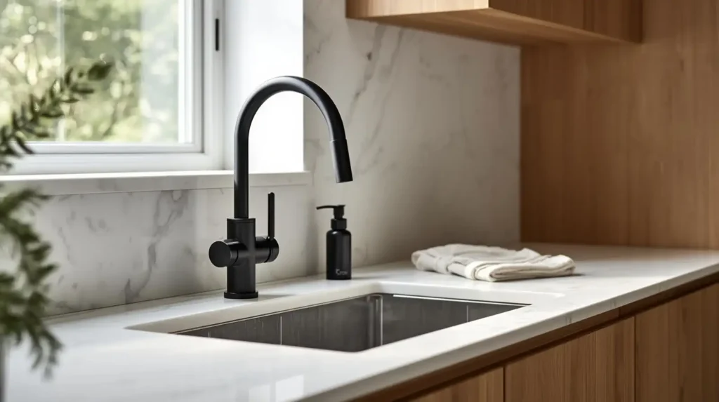 Matte black gooseneck faucet on a white marble countertop with wooden cabinets, showcasing modern kitchen refresh for spring