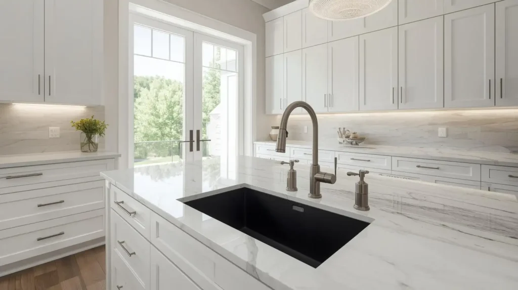 Modern white kitchen with a black undermount sink, brushed nickel faucet, and marble countertops for a modern kitchen refresh for spring