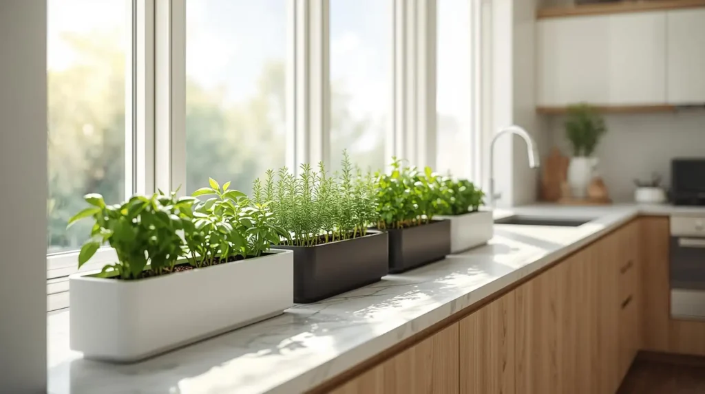 Sunlit marble windowsill with indoor herb planters and wooden cabinets, illustrating seasonal kitchen styling tips for a natural look