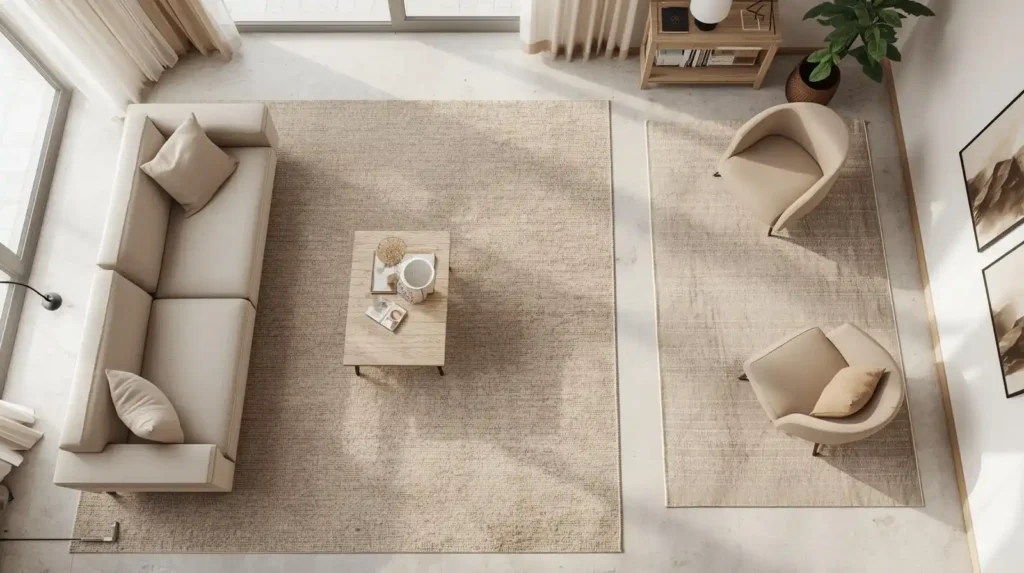 Top view of a living room using neutral rugs to create zones, illustrating smart living room hacks for small spaces