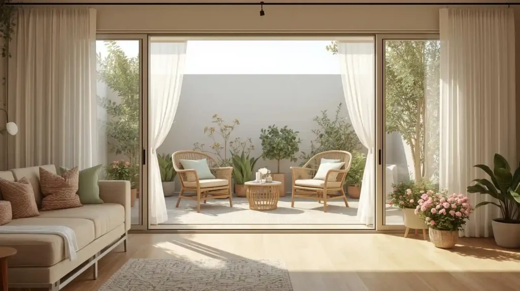 Bright living room opening to a patio with rattan chairs and plants, showcasing seamless spring living room decor ideas for indoor-outdoor living.