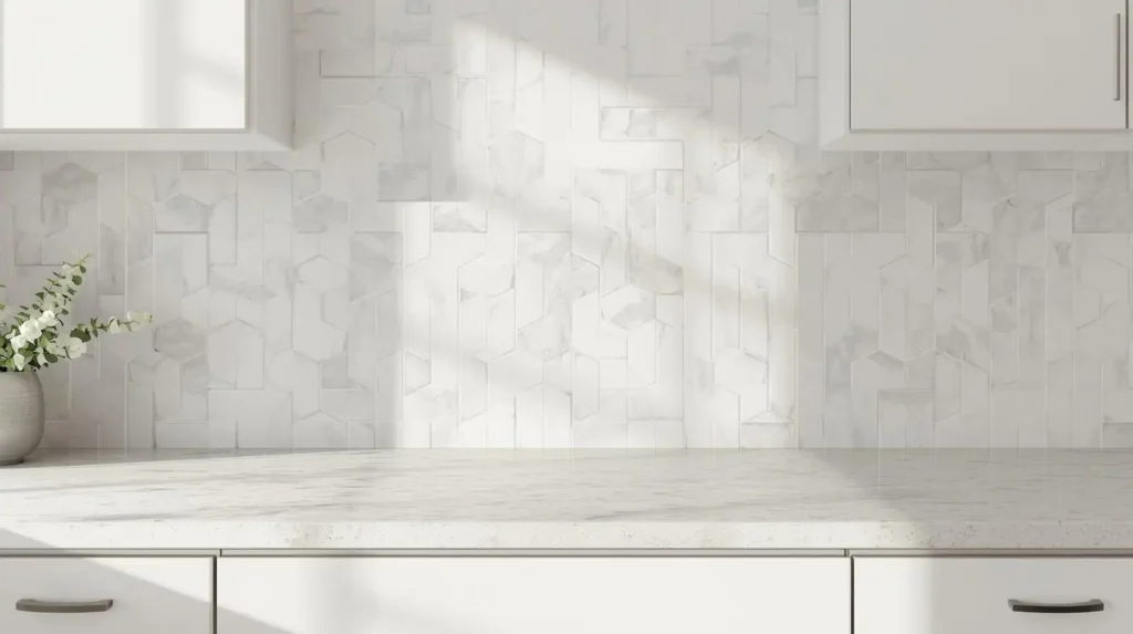 Modern white kitchen with a geometric marble tile backsplash and quartz countertops, illustrating seasonal kitchen styling tips