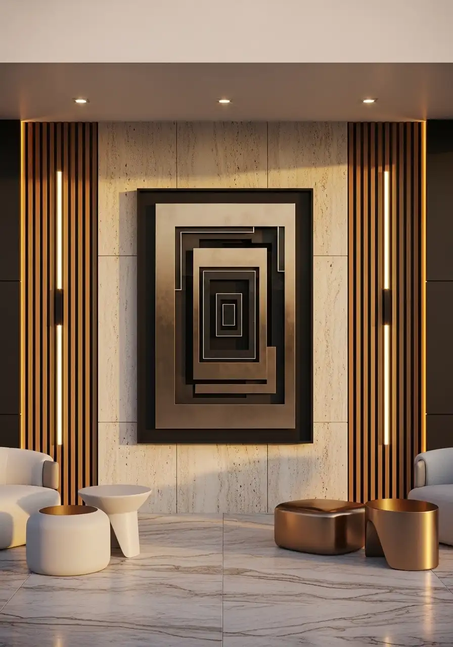 Large abstract geometric metal wall art as a focal point, framed by vertical wood slat panels and warm LED wall sconces in a modern outdoor patio.

